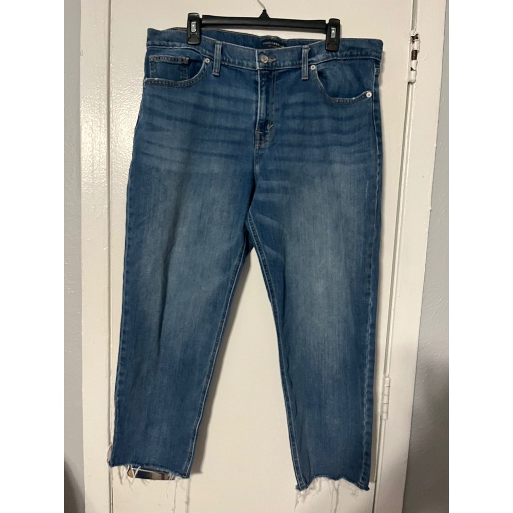 Lucky Brand Women 14/32‎ Blue High Rise Straight Leg Raw Hem Denim Jeans